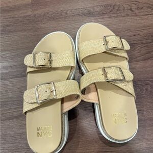 Madden NYC Beige Dual-Buckle Slide Sandals